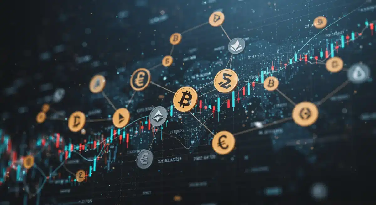 Representación de la red blockchain con criptomonedas y gráficos económicos de fondo.