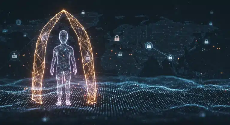 Paisaje digital futurista con nodos de blockchain protegiendo una identidad digital en Estados Unidos