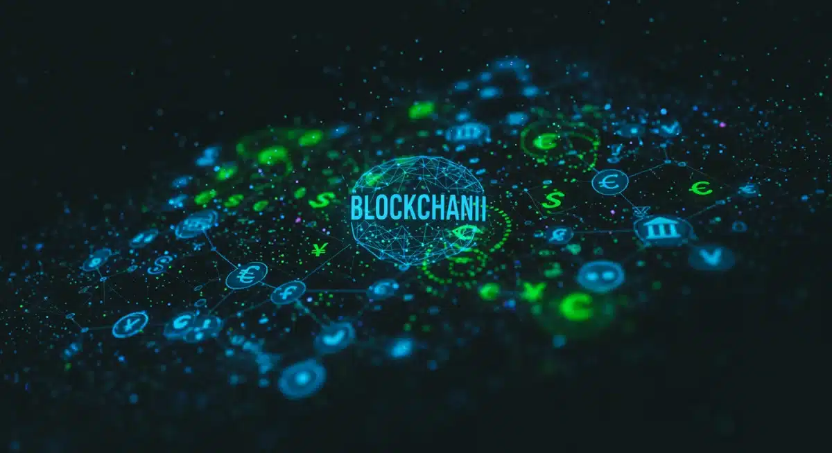 Red compleja de nodos y líneas que simbolizan la tecnología blockchain y su integración en sistemas financieros tradicionales, destacando seguridad y escalabilidad.