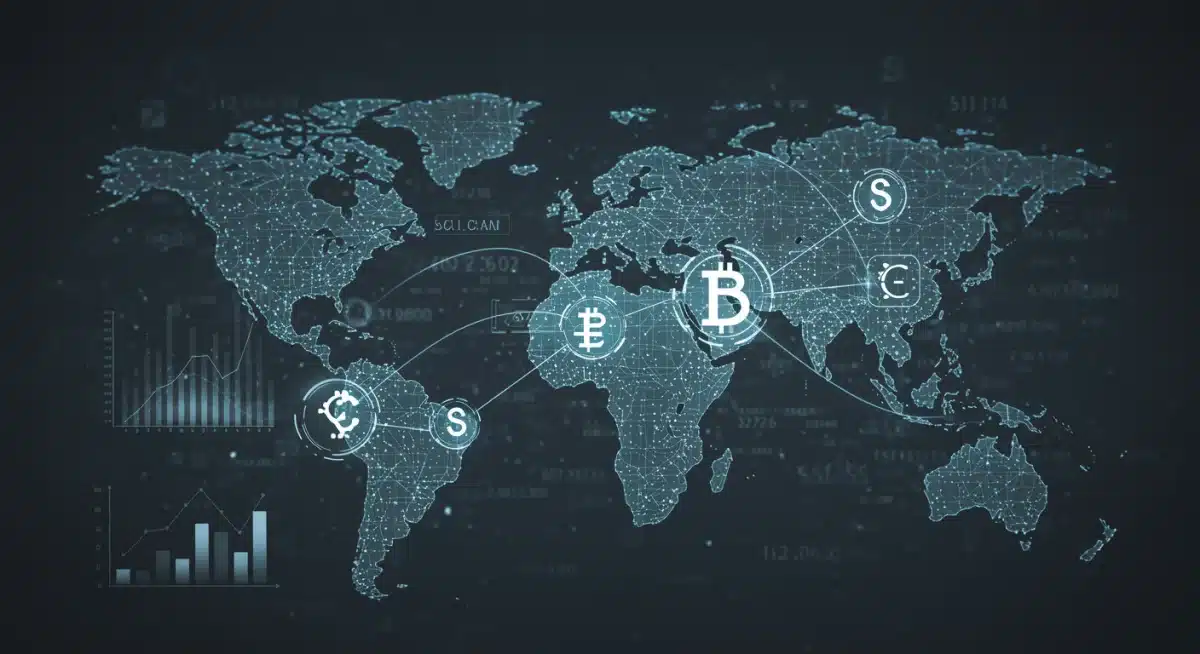 Cadena de suministro global optimizada por blockchain y criptomonedas en transacciones internacionales.