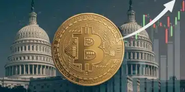Gráfico digital mostrando el crecimiento de la capitalización de mercado de Bitcoin superando los $1.5 billones, con el Capitolio de EE. UU. de fondo, simbolizando su impacto económico.