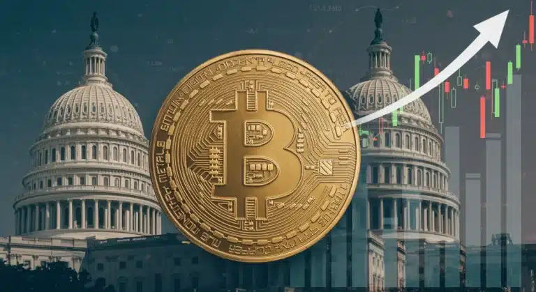 Gráfico digital mostrando el crecimiento de la capitalización de mercado de Bitcoin superando los $1.5 billones, con el Capitolio de EE. UU. de fondo, simbolizando su impacto económico.