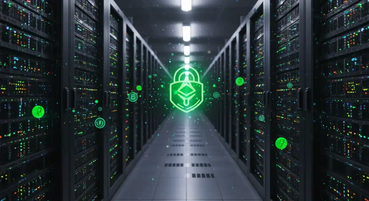 Centro de datos futurista y eficiente energéticamente, simbolizando la sostenibilidad y seguridad de Ethereum PoS.