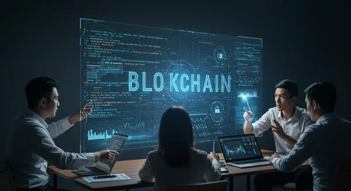 Expertos en ciberseguridad analizando código blockchain en una pantalla holográfica, enfocados en la protección.
