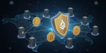 Escudo digital protegiendo logos de criptomonedas y servidores, representando la mejora de la ciberseguridad en exchanges de EE. UU.