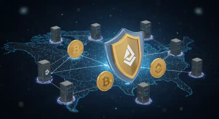 Escudo digital protegiendo logos de criptomonedas y servidores, representando la mejora de la ciberseguridad en exchanges de EE. UU.