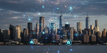 Paisaje urbano futurista con capas digitales de blockchain y activos tokenizados, simbolizando la fusión de finanzas tradicionales y tecnología digital en EE. UU.