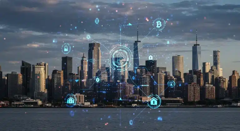 Paisaje urbano futurista con capas digitales de blockchain y activos tokenizados, simbolizando la fusión de finanzas tradicionales y tecnología digital en EE. UU.