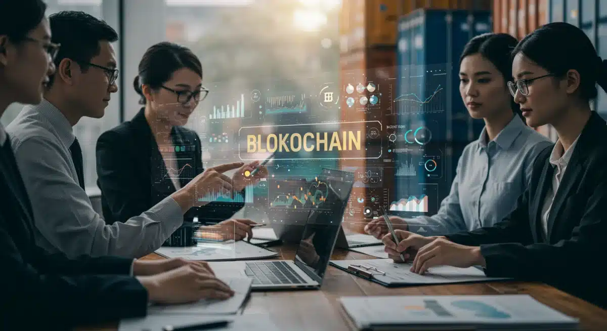 Equipo global colaborando con datos de cadena de suministro en tiempo real y asegurados por blockchain.