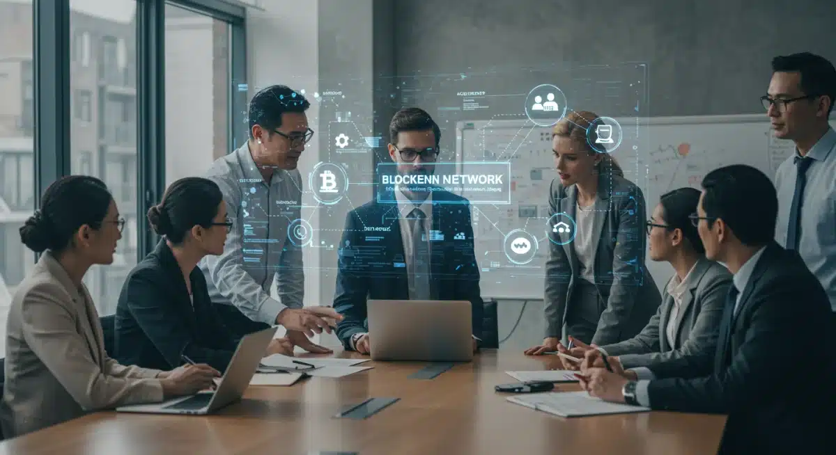 Ejecutivos bancarios y expertos en tecnología colaborando en una red de pagos blockchain.