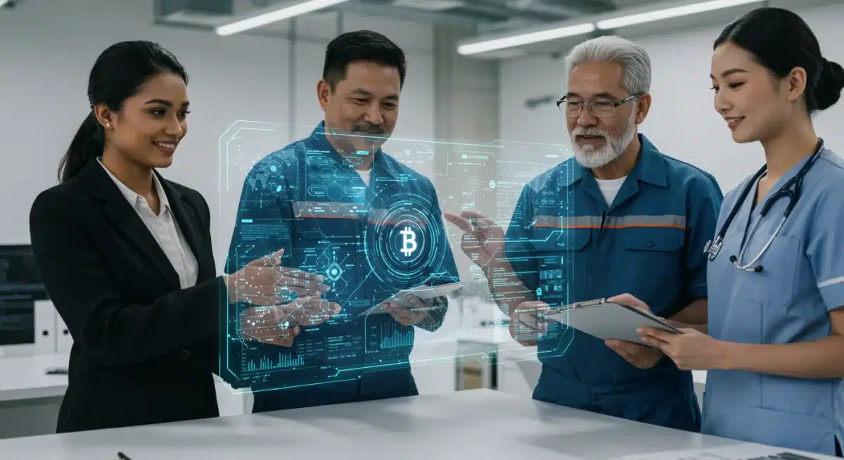 Profesionales de diversos sectores colaborando en torno a una pantalla holográfica que muestra registros blockchain y contratos inteligentes.