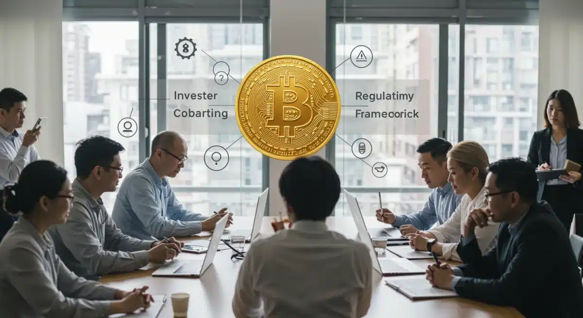 Grupo de inversores, reguladores y expertos en tecnología discutiendo activamente sobre seguridad cibernética y regulaciones para exchanges de criptomonedas. Simboliza la búsqueda de soluciones proactivas.