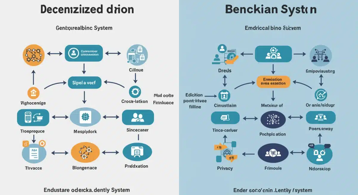 Infografía comparando sistemas de identidad centralizados vs. descentralizados con blockchain
