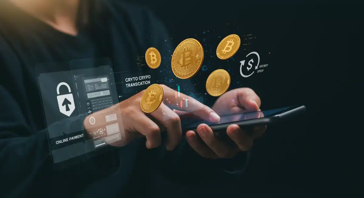 Consumidor realizando una compra en línea con criptomonedas, destacando seguridad y eficiencia de pago.