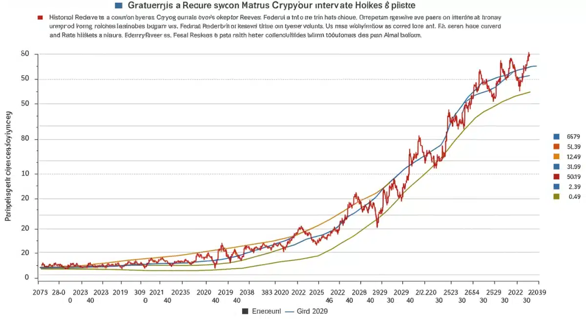 Gráfico histórico que correlaciona aumentos de tasas de la Fed con el rendimiento de Bitcoin y Ethereum, con proyecciones futuras.
