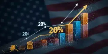Gráfico que muestra el crecimiento del 20% de DeFi en EE. UU. para 2026, con elementos de blockchain y la bandera estadounidense.