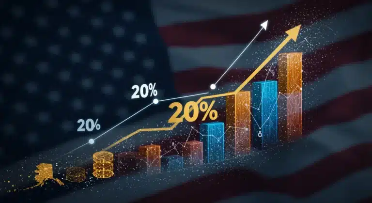 Gráfico que muestra el crecimiento del 20% de DeFi en EE. UU. para 2026, con elementos de blockchain y la bandera estadounidense.