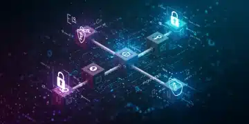 Ilustración futurista de una red blockchain con símbolos criptográficos que representan la seguridad digital y la protección de transacciones.