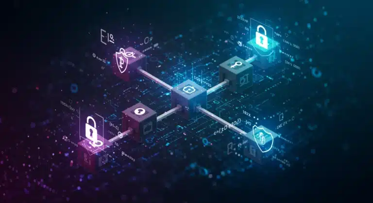 Ilustración futurista de una red blockchain con símbolos criptográficos que representan la seguridad digital y la protección de transacciones.