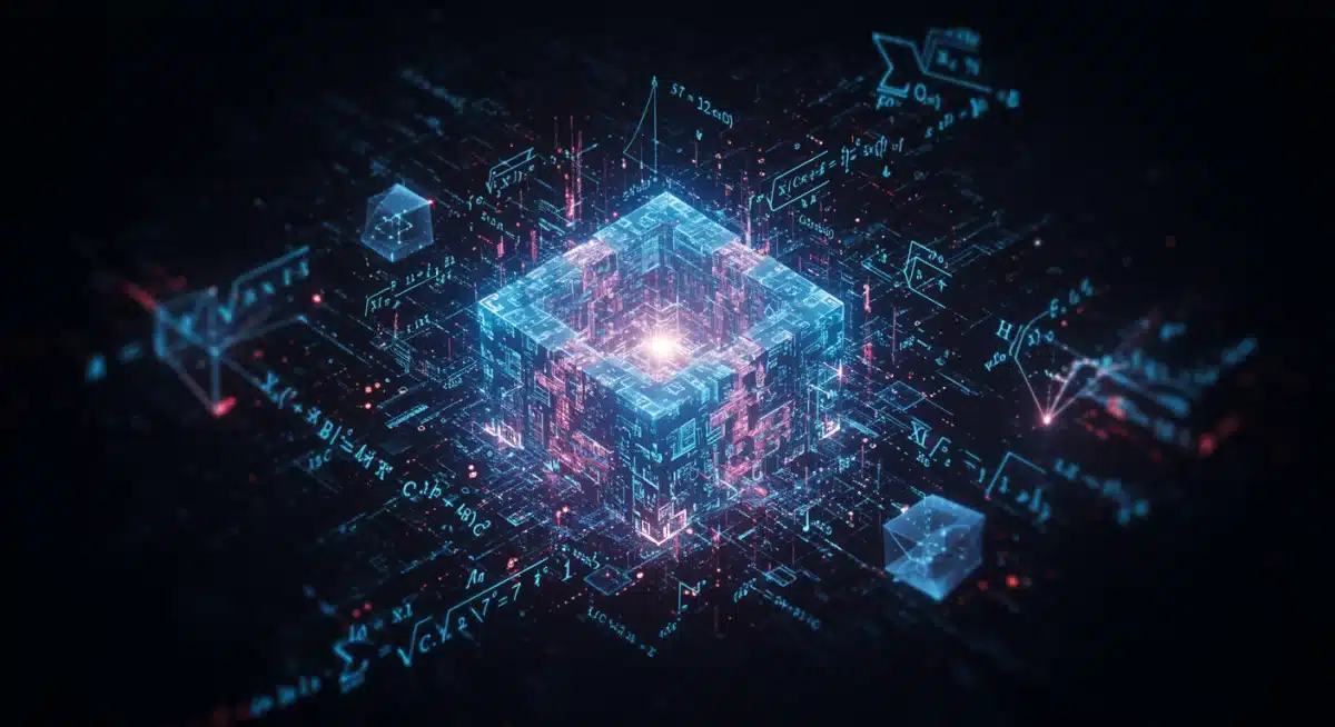 Criptografía resistente a ataques cuánticos entrelazada con bloques de blockchain, representando seguridad futura.