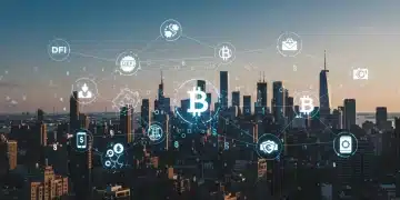 Paisaje urbano futurista con redes blockchain y símbolos financieros, ilustrando el crecimiento de criptomonedas en EE. UU.