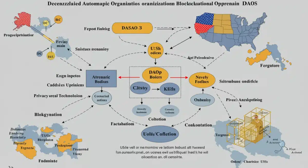 Diagrama de interacción entre DAOs, regulaciones de EE. UU. y tecnologías de privacidad en blockchain.