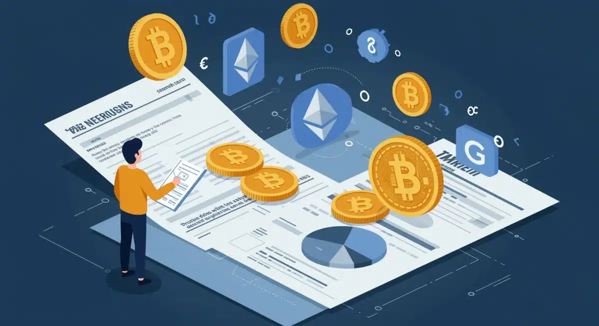 Persona navegando formularios de impuestos complejos relacionados con transacciones de criptomonedas bajo las nuevas directrices del IRS.