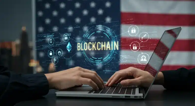 Desarrollador trabajando en código de contratos inteligentes de Ethereum con elementos visuales de blockchain y la bandera de EE. UU.