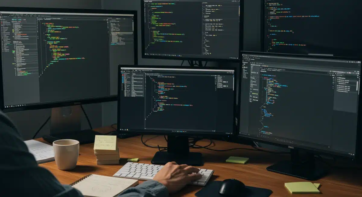 Escritorio de desarrollador con código de contratos inteligentes y entorno de desarrollo web para DApps.