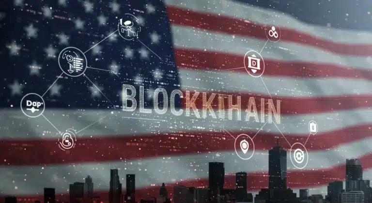 Interfaz digital futurista mostrando código blockchain y DApps en el mercado estadounidense de 2026.