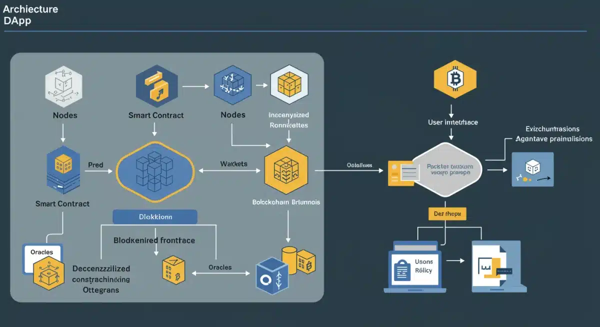 Diagrama de arquitectura de una DApp, mostrando la interacción entre contratos inteligentes y blockchain.