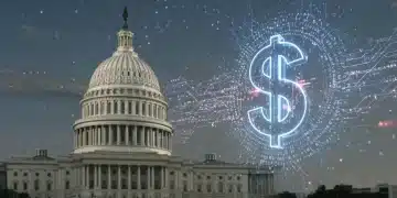 Dólar digital futurista con código binario y el Capitolio, simbolizando la digitalización de la moneda estadounidense en 2026.