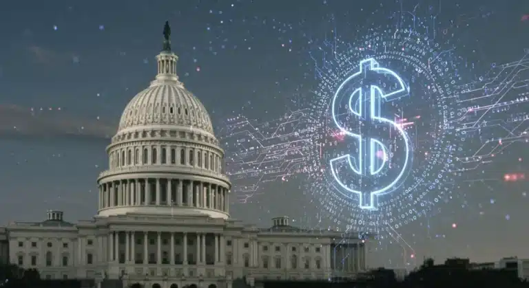 Dólar digital futurista con código binario y el Capitolio, simbolizando la digitalización de la moneda estadounidense en 2026.