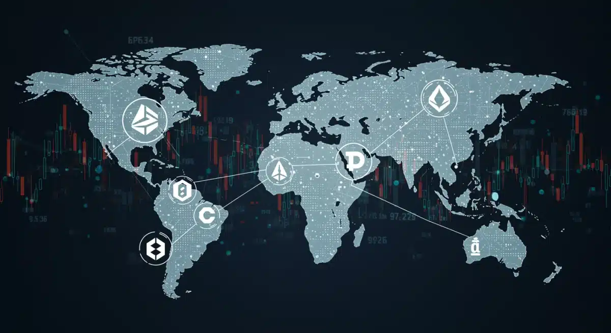 Red de activos digitales y flujos de datos en el ecosistema cripto global y estadounidense.