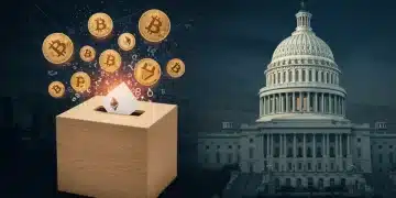 Urna electoral con símbolos de criptomonedas y el Capitolio de EE. UU. al fondo, representando el impacto político en el mercado cripto.