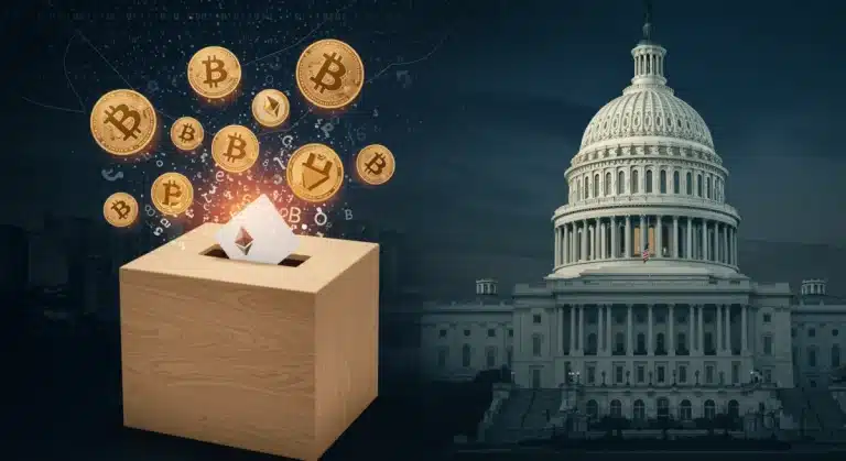 Urna electoral con símbolos de criptomonedas y el Capitolio de EE. UU. al fondo, representando el impacto político en el mercado cripto.