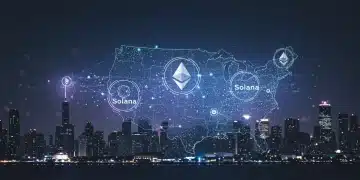 Redes blockchain escalables como Ethereum y Solana en un entorno digital futurista de Estados Unidos en 2026.