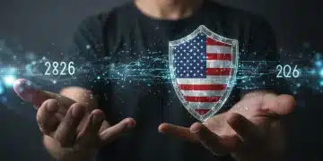 Escudo digital protegiendo una red blockchain con elementos regulatorios de EE. UU. en 2026.