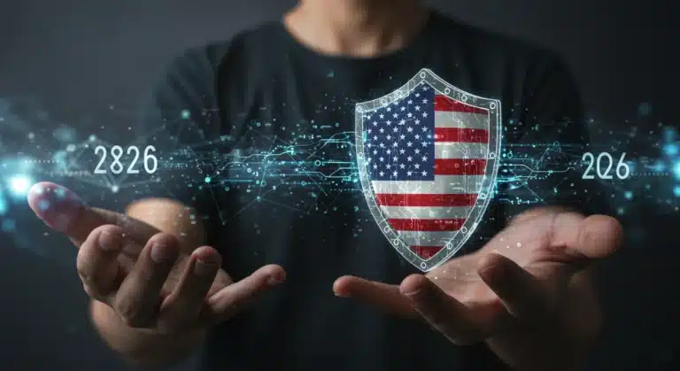 Escudo digital protegiendo una red blockchain con elementos regulatorios de EE. UU. en 2026.