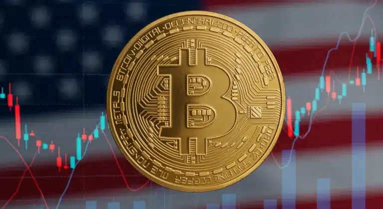 Gráfico financiero mostrando el crecimiento del Bitcoin y el impacto de los ETF al contado en el trading de EE. UU. en 2026.