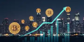 Panorama digital nocturno con símbolos de criptomonedas y gráficos ascendentes, representando el impacto de los ETF cripto en la liquidez del mercado.