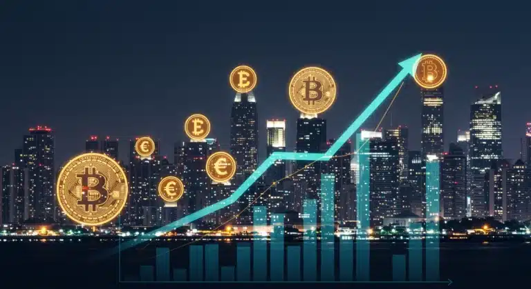 Panorama digital nocturno con símbolos de criptomonedas y gráficos ascendentes, representando el impacto de los ETF cripto en la liquidez del mercado.