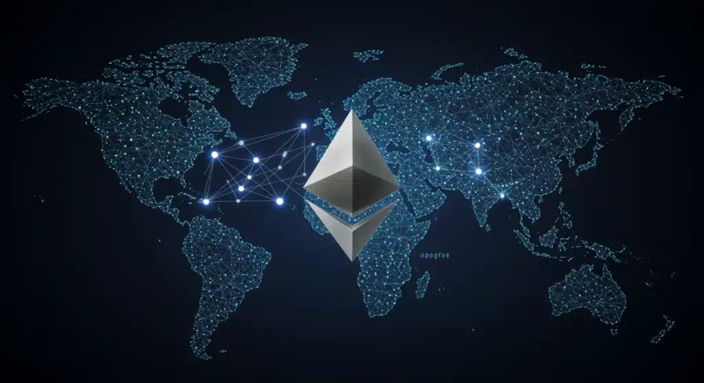 Logotipo de Ethereum 2.0 con nodos interconectados sobre un mapa digitalizado de EE. UU., representando su impacto en el mercado.