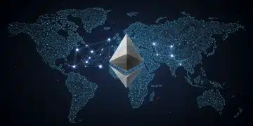 Logotipo de Ethereum 2.0 con nodos interconectados sobre un mapa digitalizado de EE. UU., representando su impacto en el mercado.