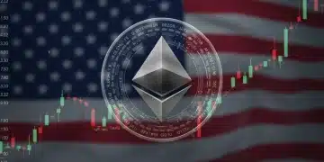 Logo de Ethereum con gráficos de rendimiento y elementos de la bandera de EE. UU.