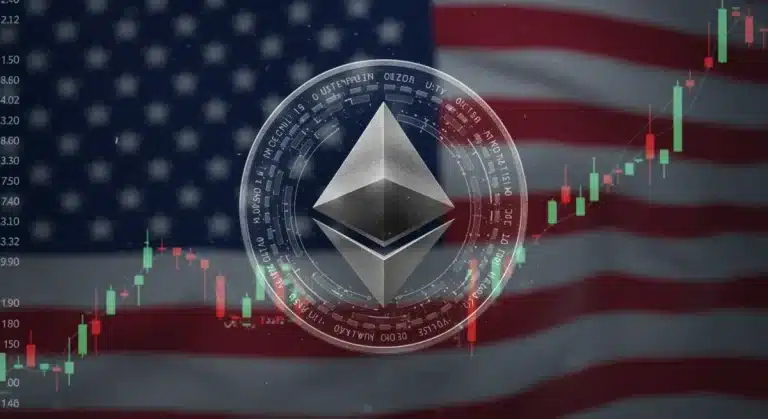 Logo de Ethereum con gráficos de rendimiento y elementos de la bandera de EE. UU.