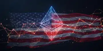 Representación futurista del logo de Ethereum y datos digitales, simbolizando la actualización Serenity y su impacto en las tarifas de transacción en EE. UU.