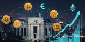 Edificio de la Reserva Federal con símbolos de criptomonedas y gráficos de tasas de interés al alza, reflejando el impacto en la economía de EE. UU.