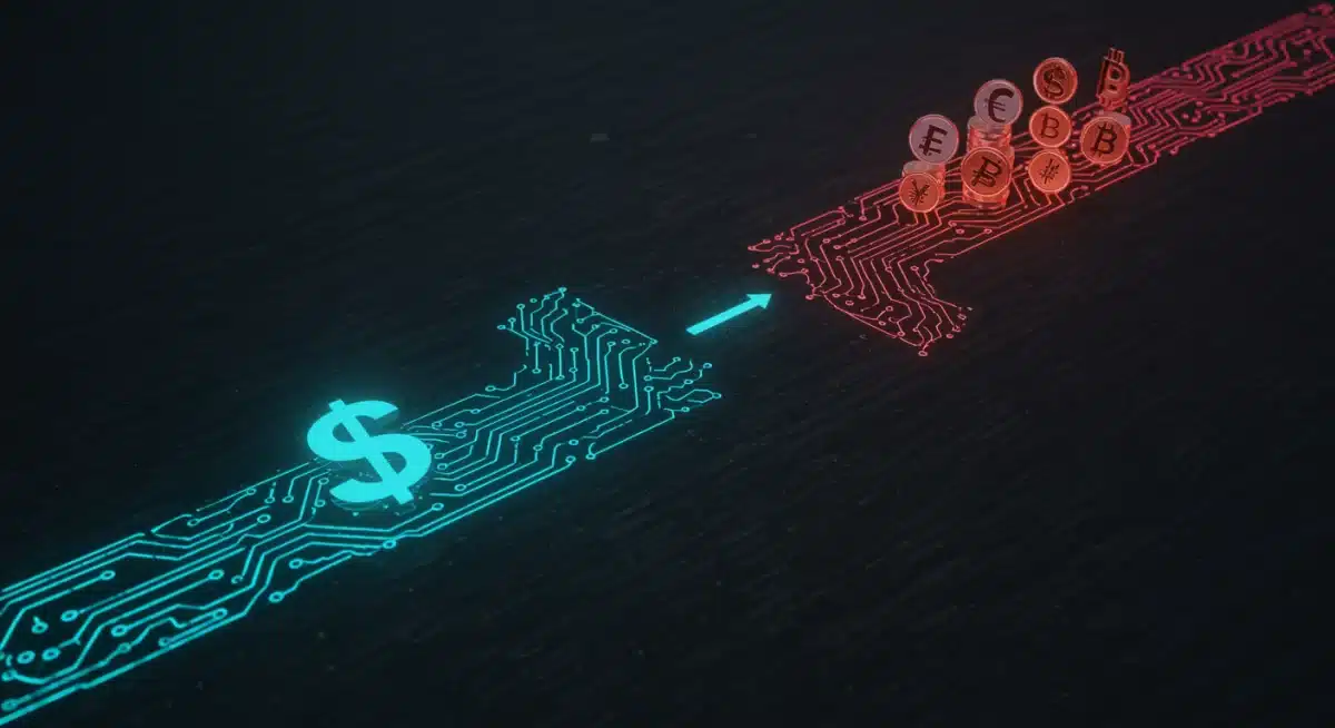 Cruce de caminos entre las finanzas tradicionales y las criptomonedas, ilustrando la integración y fricción.