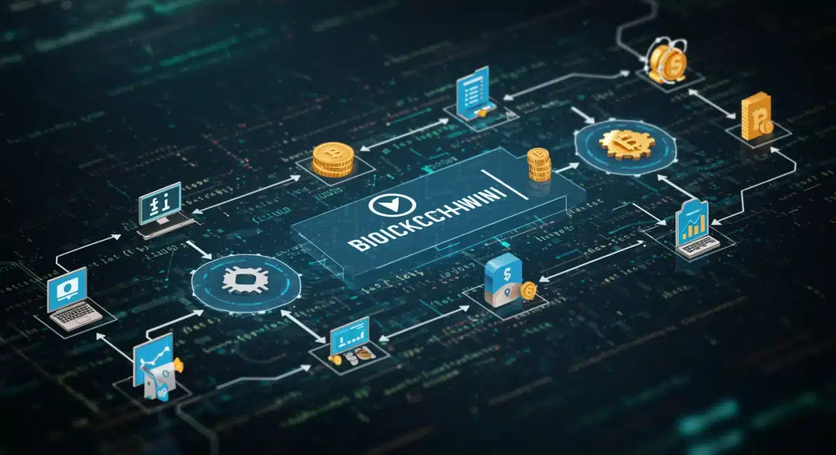 Diagrama de flujo de activos digitales y datos en una red blockchain segura.